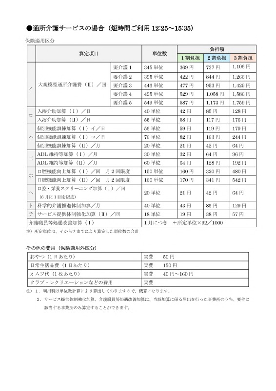 リハピネス梅森坂料金表（通所介護サービスの場合短時間ご利用）